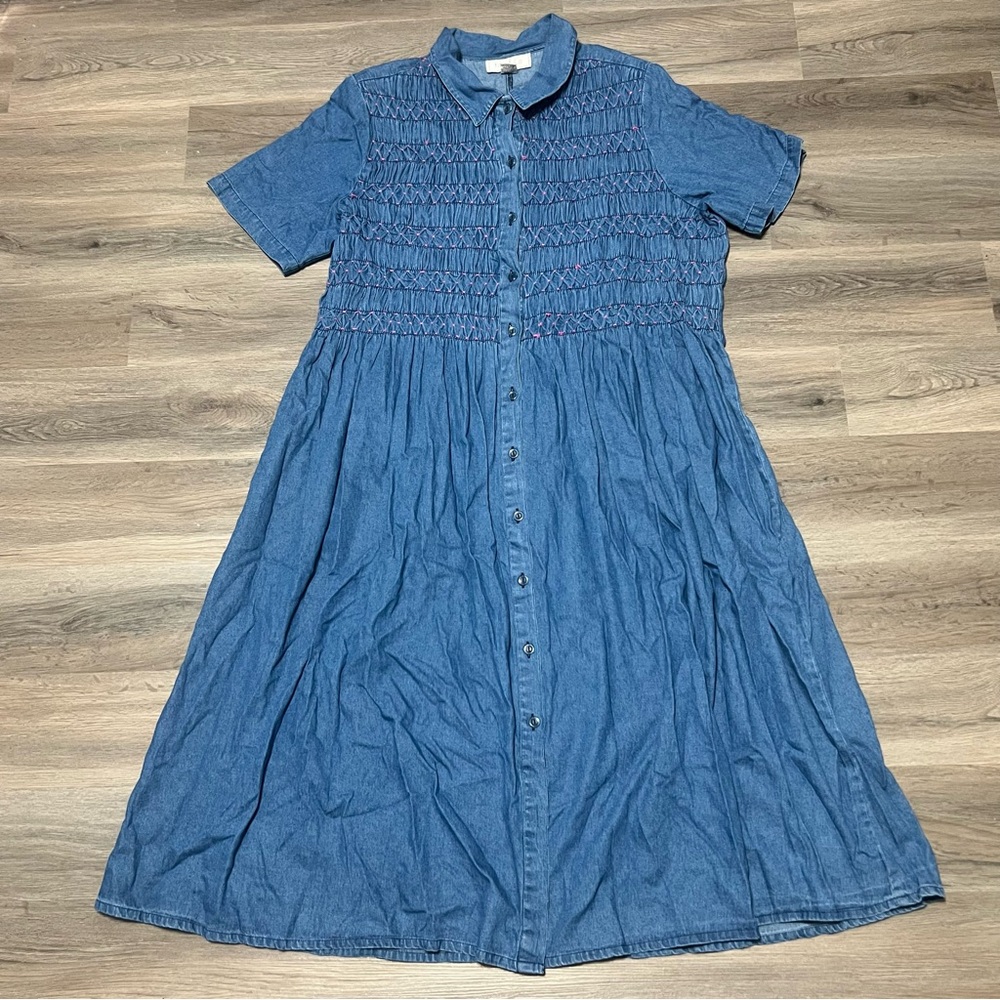 Kate & Co 22W Denim Dress Blue Pink Button Front Cotton Collared Modest 90s VTG